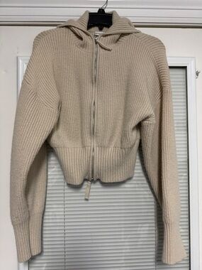 Zenana Outfitters Ribbed Hooded Zip Cardigan - Beige